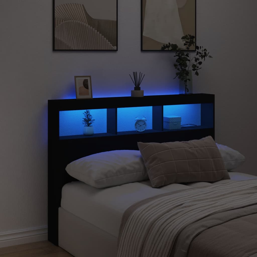 LED-Kopfteil mit Ablagen Schwarz 140x17x102 cm