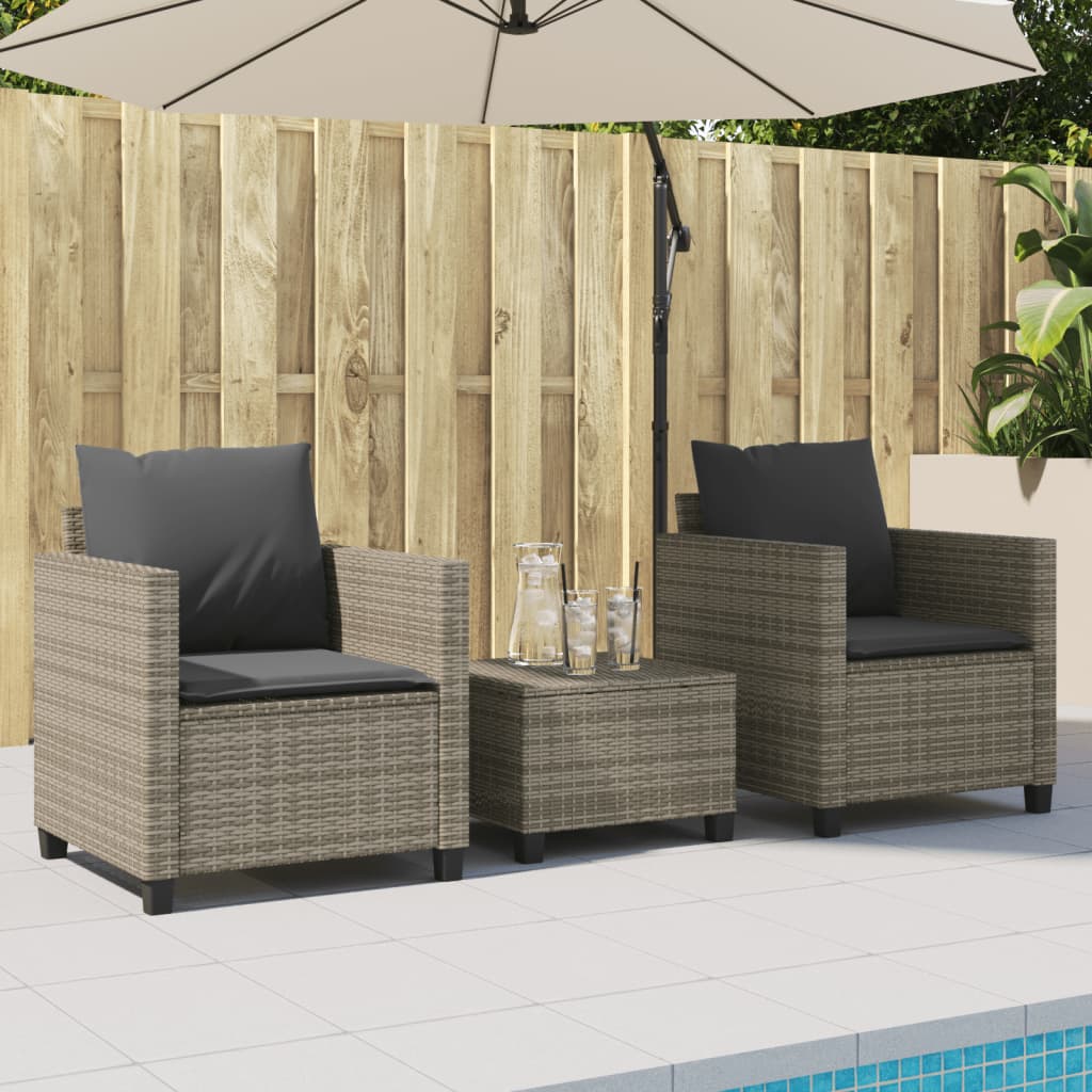 3-piece bistro set with cushions gray poly rattan