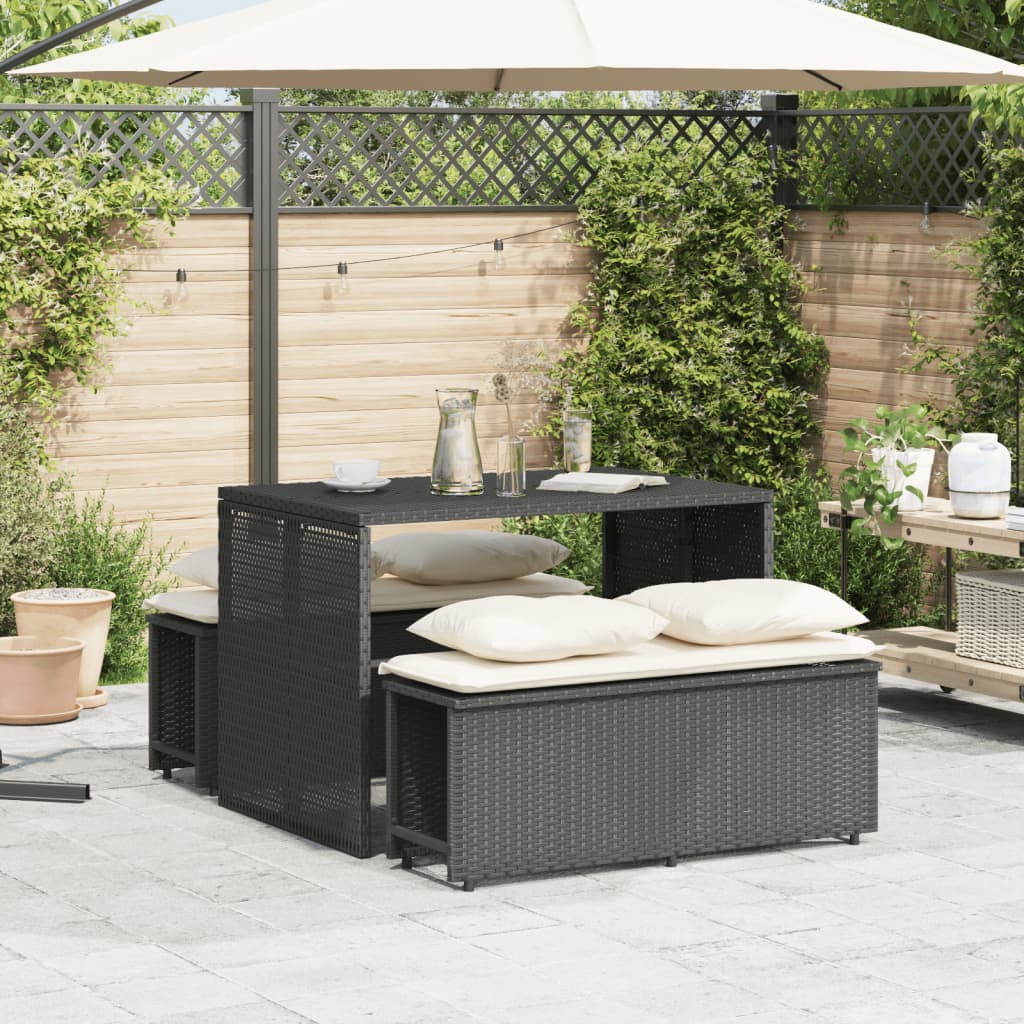 3-piece garden dining set with cushions black poly rattan