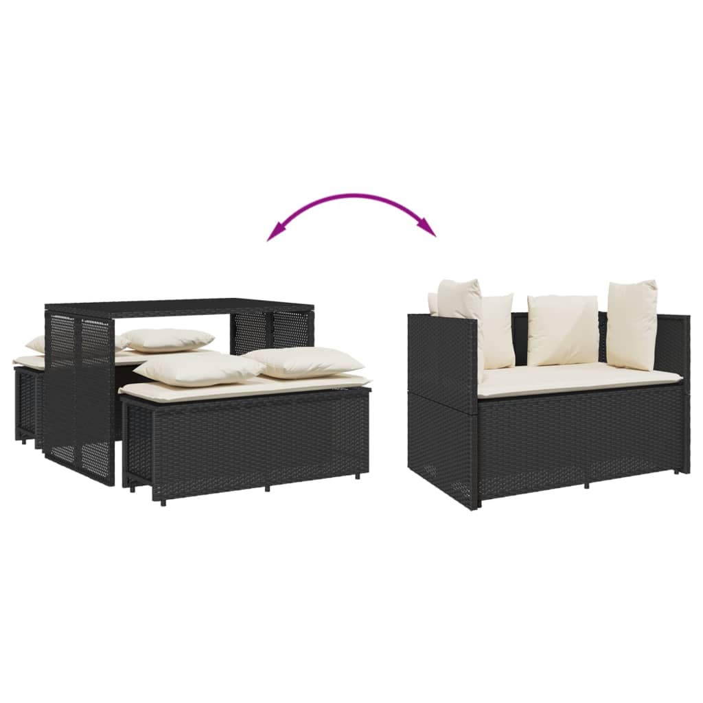 3-piece garden dining set with cushions black poly rattan