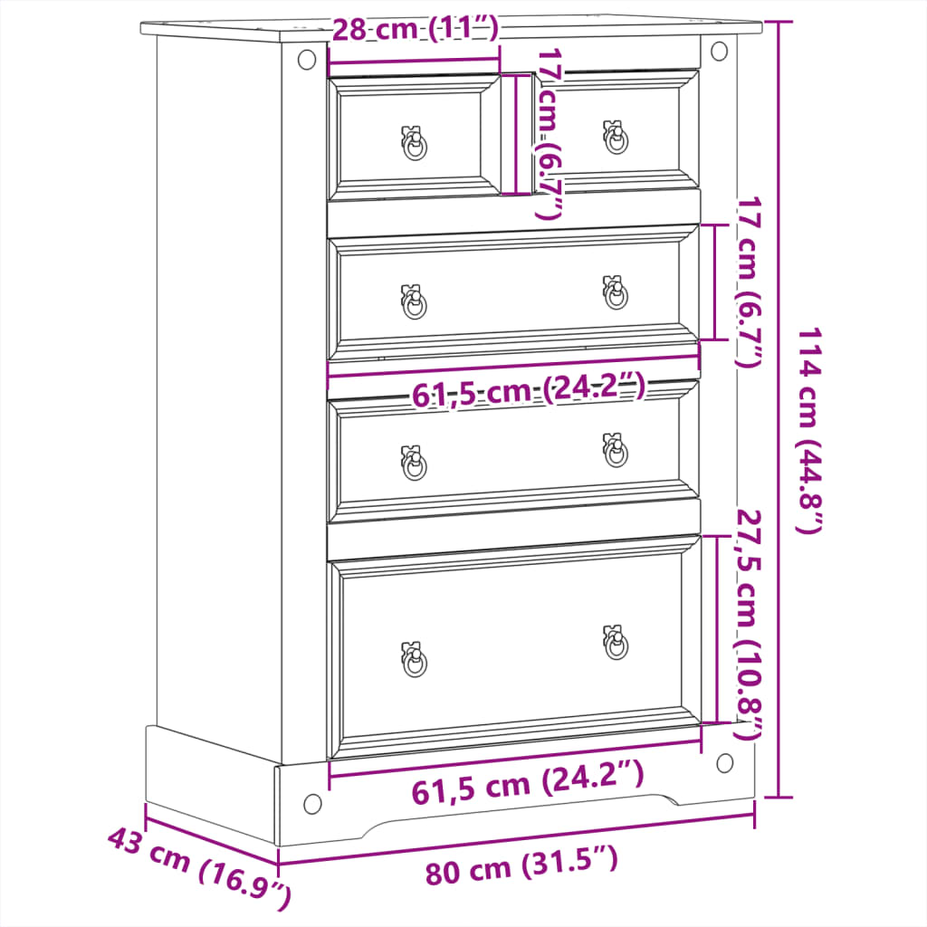 Chest of Drawers Corona 80x43x114 cm Solid Pine