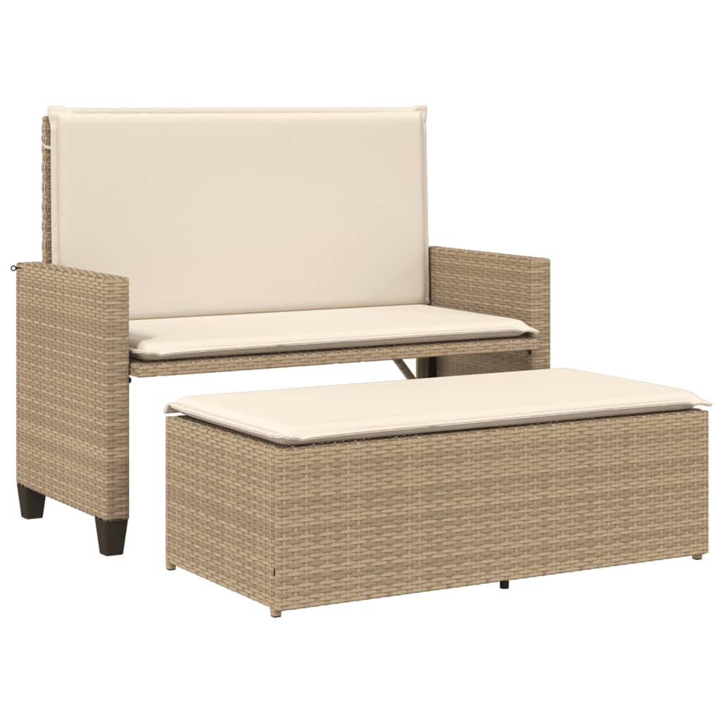 Garden Bench with Cushion and Stool Beige Poly Rattan