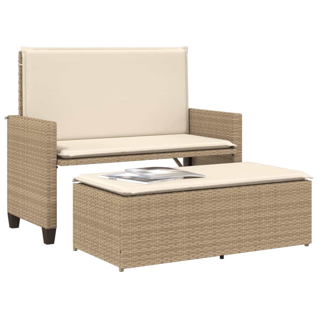 Garden Bench with Cushion and Stool Beige Poly Rattan