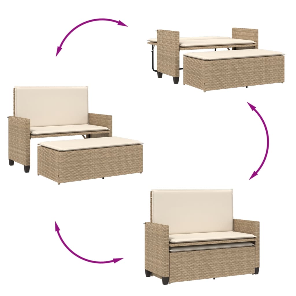 Garden Bench with Cushion and Stool Beige Poly Rattan