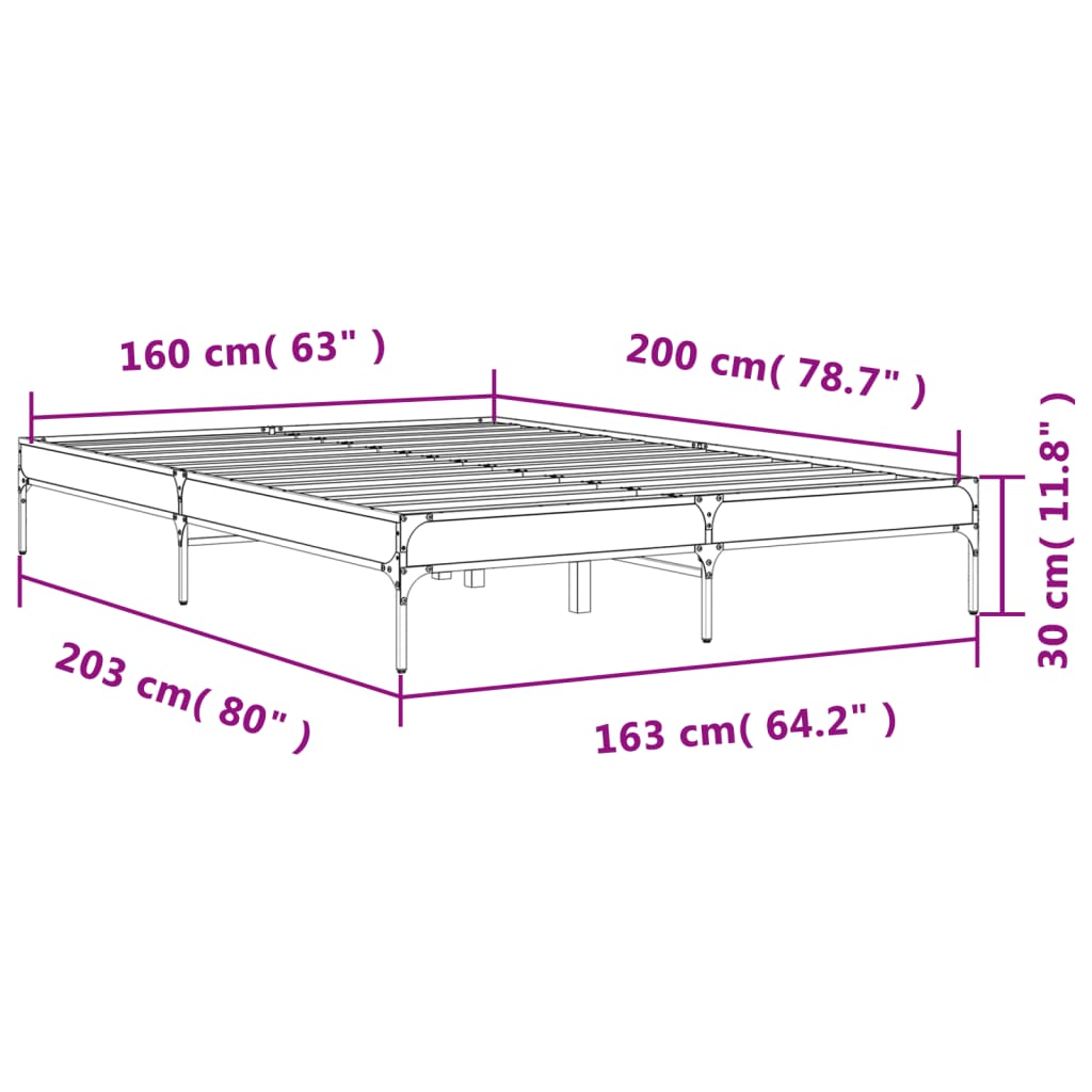 Bed frame Grey Sonoma 160x200 cm wood material and metal