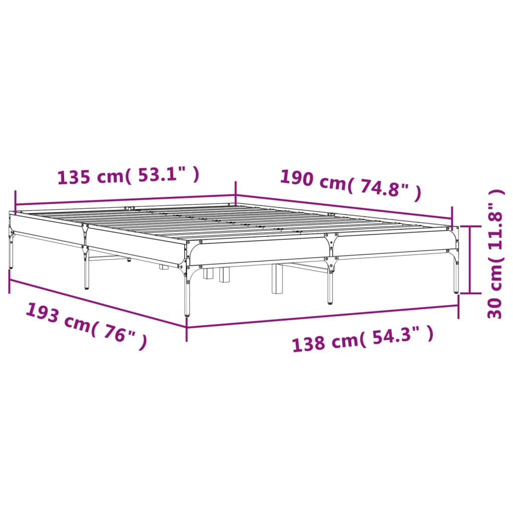 Bed frame Grey Sonoma 135x190 cm wood material and metal