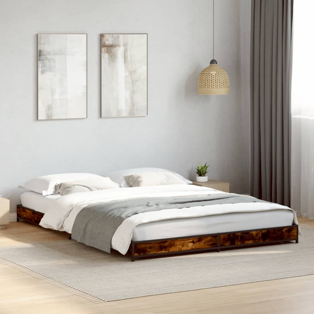Bed frame smoked oak 135x190 cm wood material and metal