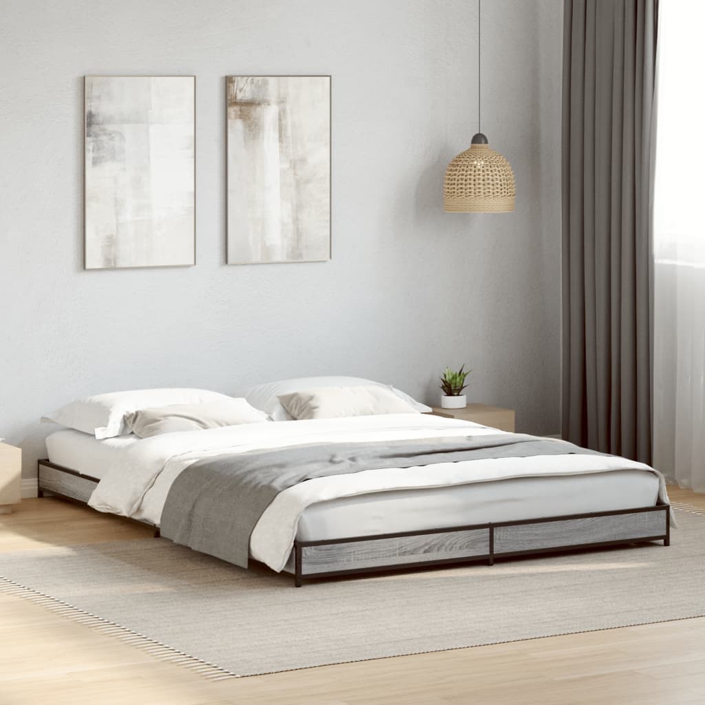 Bed frame Grey Sonoma 135x190 cm wood material and metal
