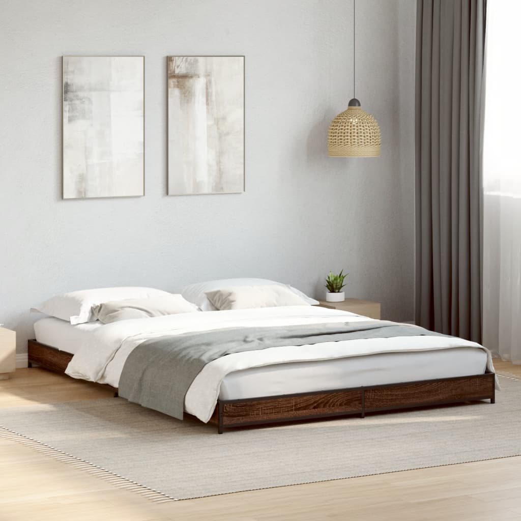 Bed frame brown oak look 135x190 cm wood material metal
