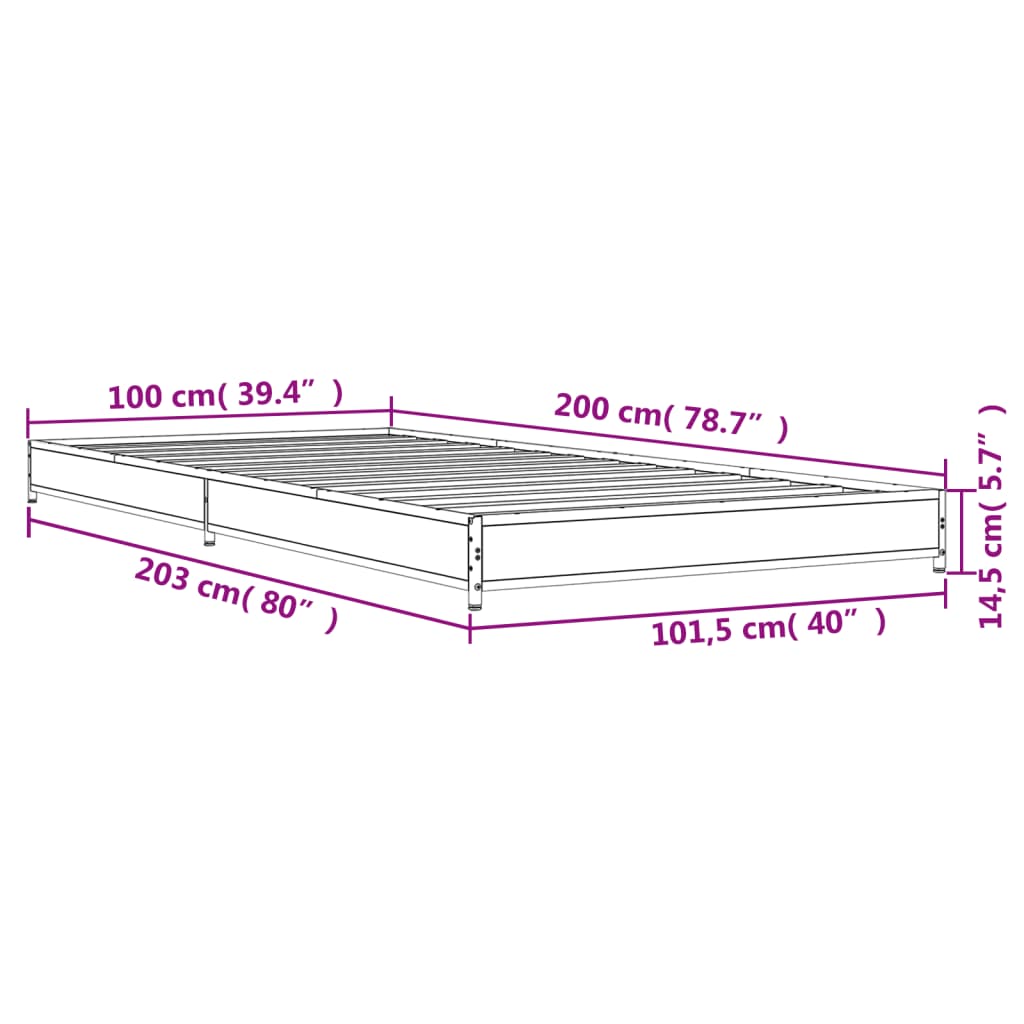 Bed frame Grey Sonoma 100x200 cm wood material and metal