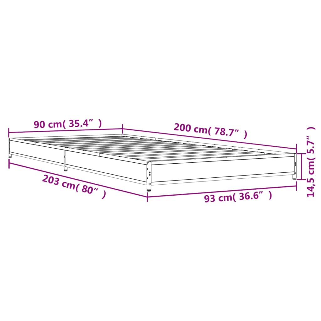 Bed frame smoked oak 90x200 cm wood material and metal