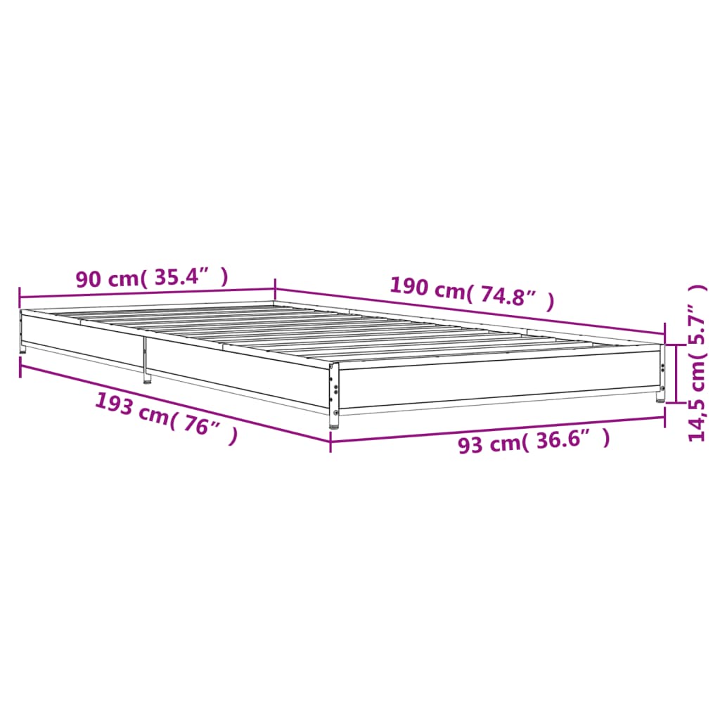 Bed frame Grey Sonoma 90x190 cm wood material and metal