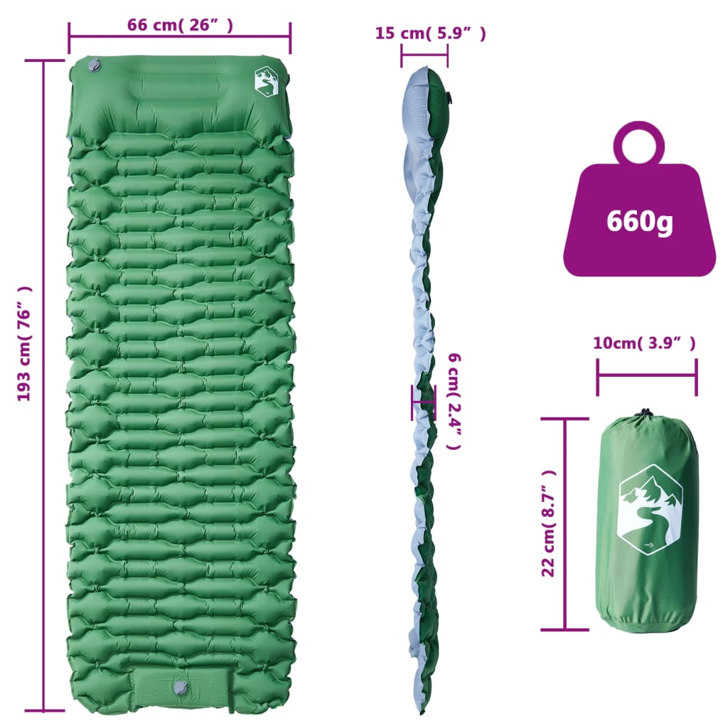 Self-inflating sleeping pad with pillow green