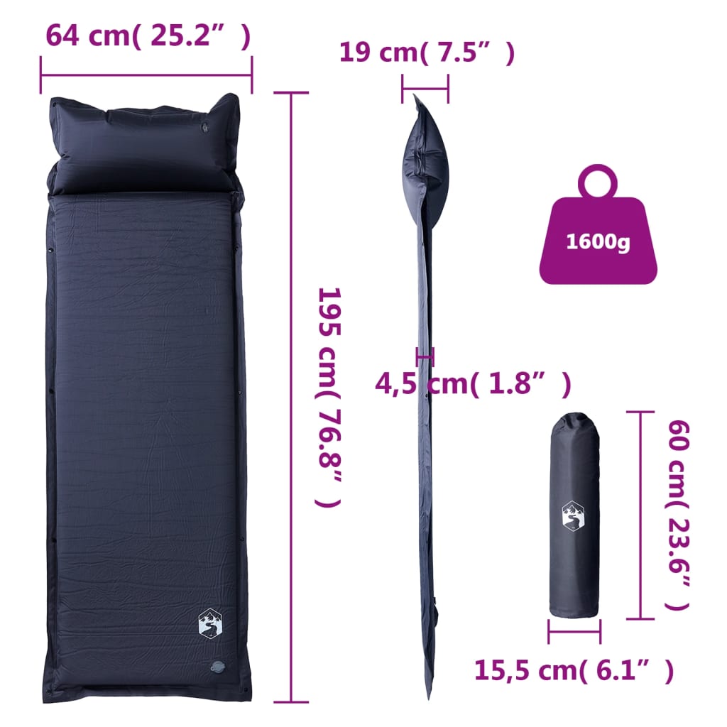 Self-inflating sleeping pad with pillow gray