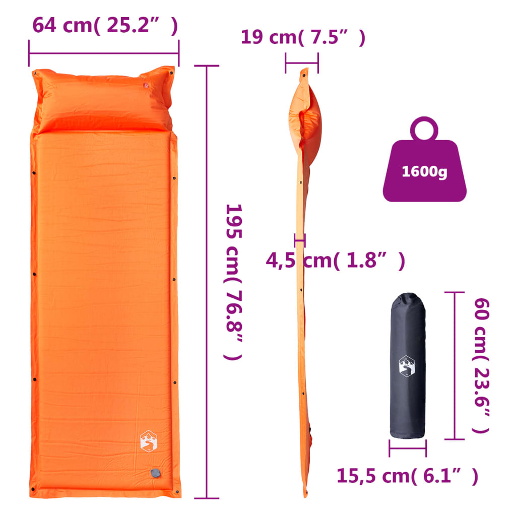Self-inflating sleeping pad with pillow orange
