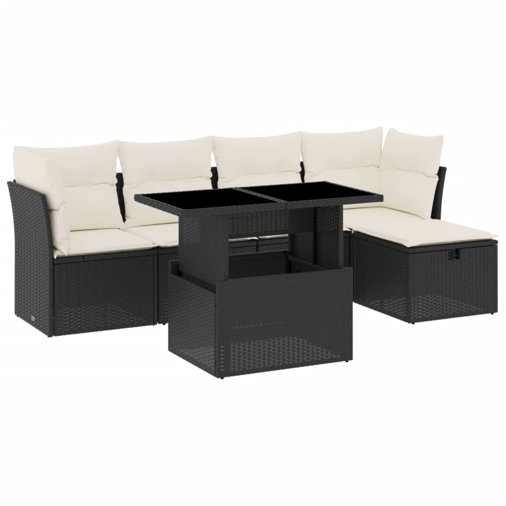 6-piece garden sofa set with cushions, black poly rattan