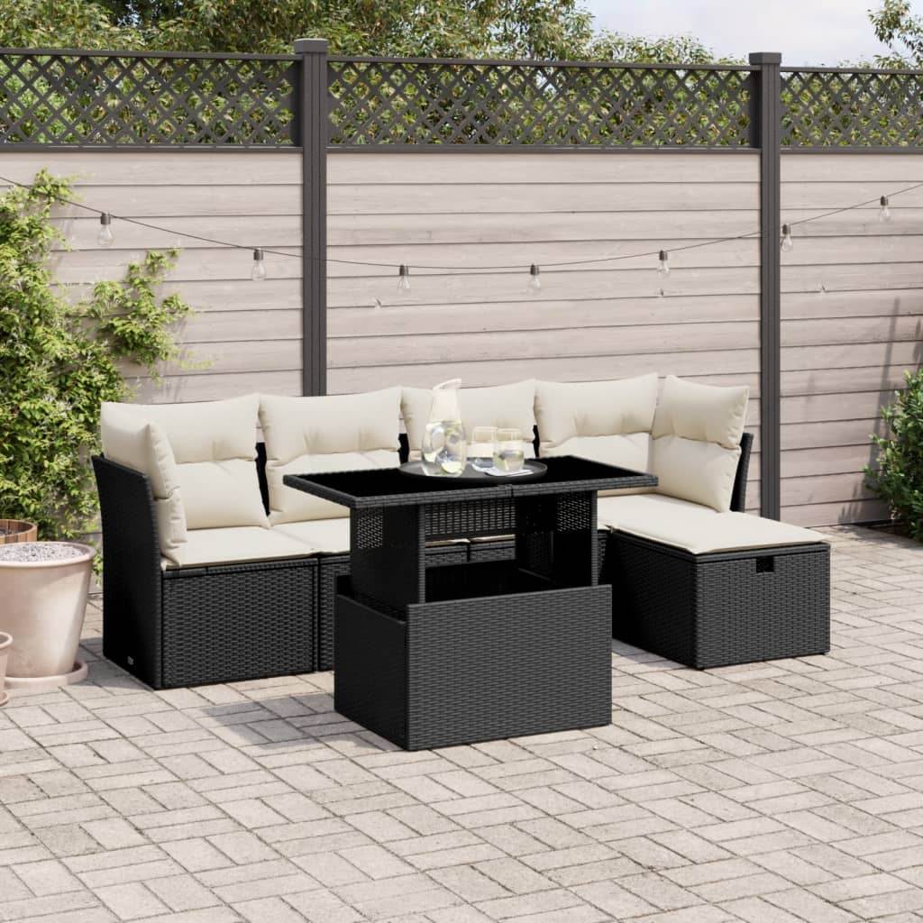 6-piece garden sofa set with cushions, black poly rattan