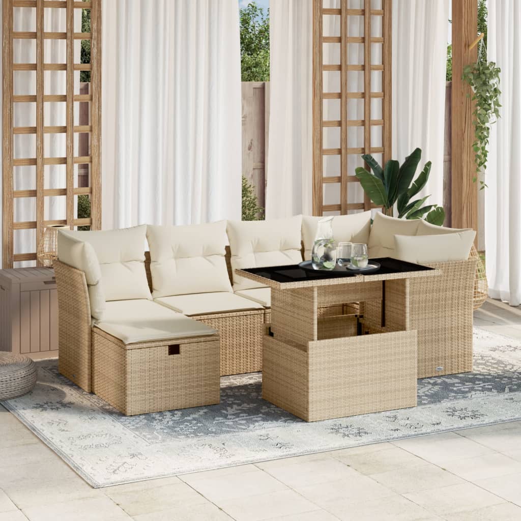 7-tlg. Garten-Sofagarnitur mit Kissen Beige Poly Rattan