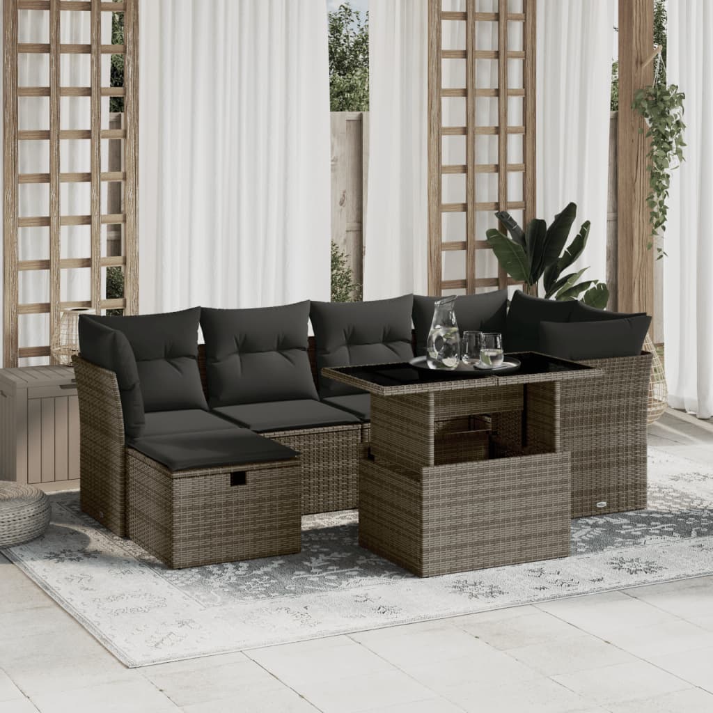 7-tlg. Garten-Sofagarnitur mit Kissen Grau Poly Rattan