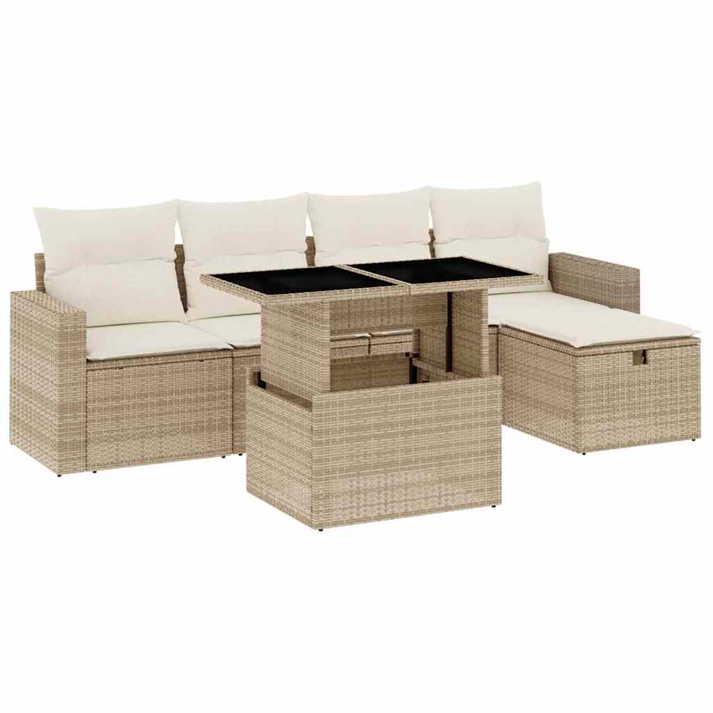 6-tlg. Garten-Sofagarnitur mit Kissen Beige Poly Rattan