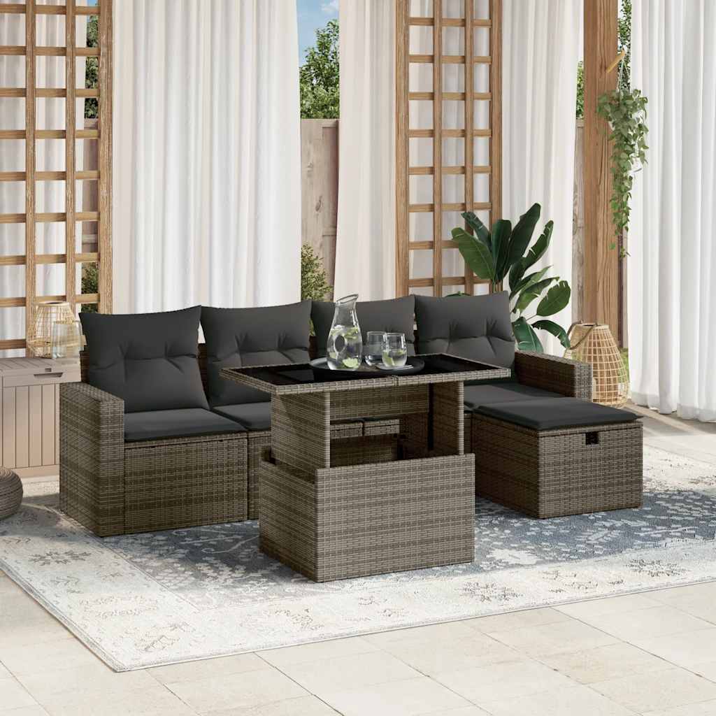 6-tlg. Garten-Sofagarnitur mit Kissen Grau Poly Rattan
