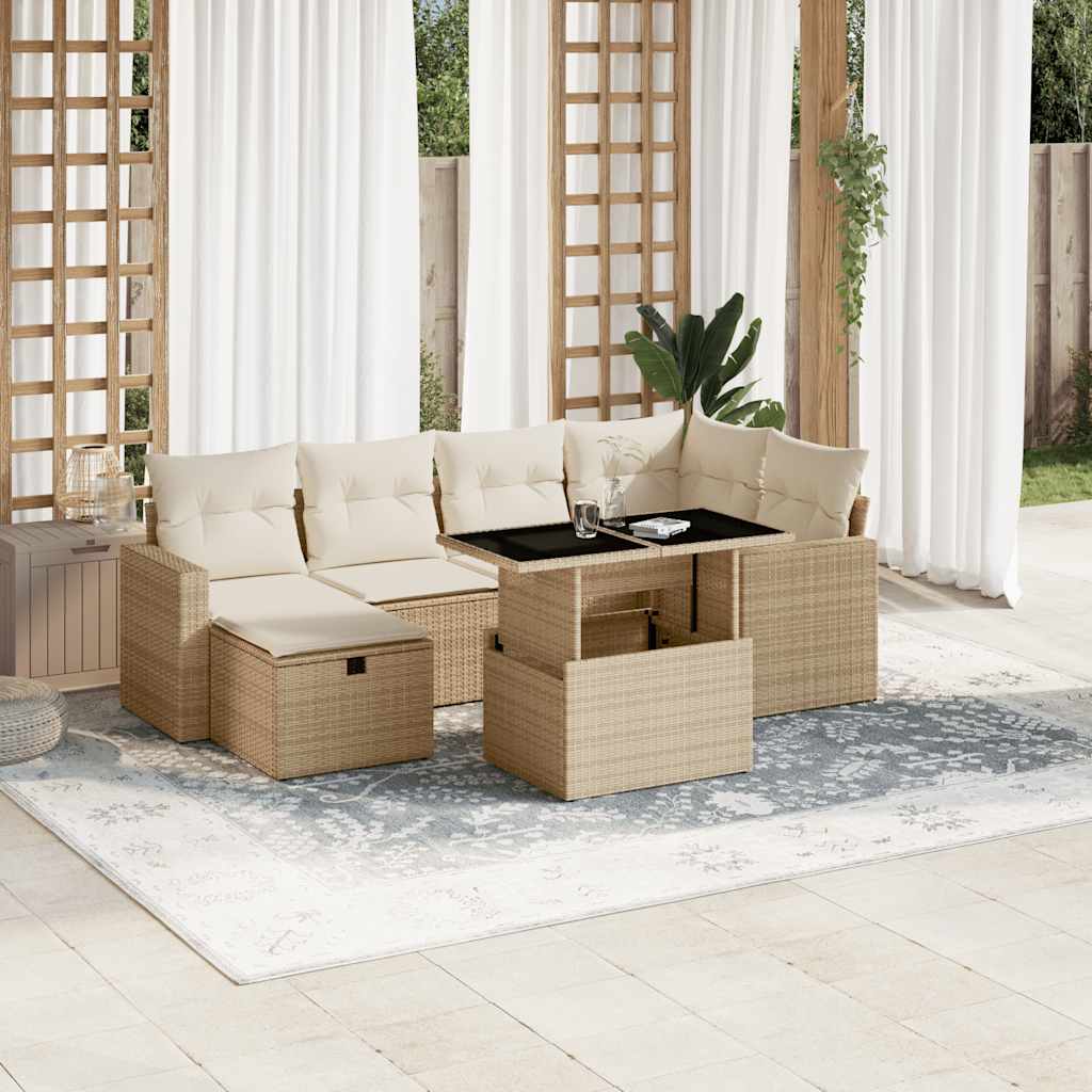 7-tlg. Garten-Sofagarnitur mit Kissen Beige Poly Rattan