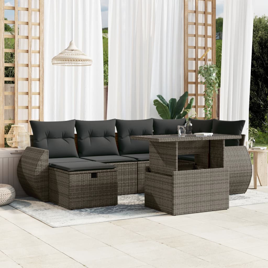 7-tlg. Garten-Sofagarnitur mit Kissen Grau Poly Rattan