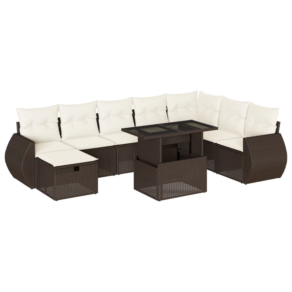 9-tlg. Garten-Sofagarnitur mit Kissen Braun Poly Rattan