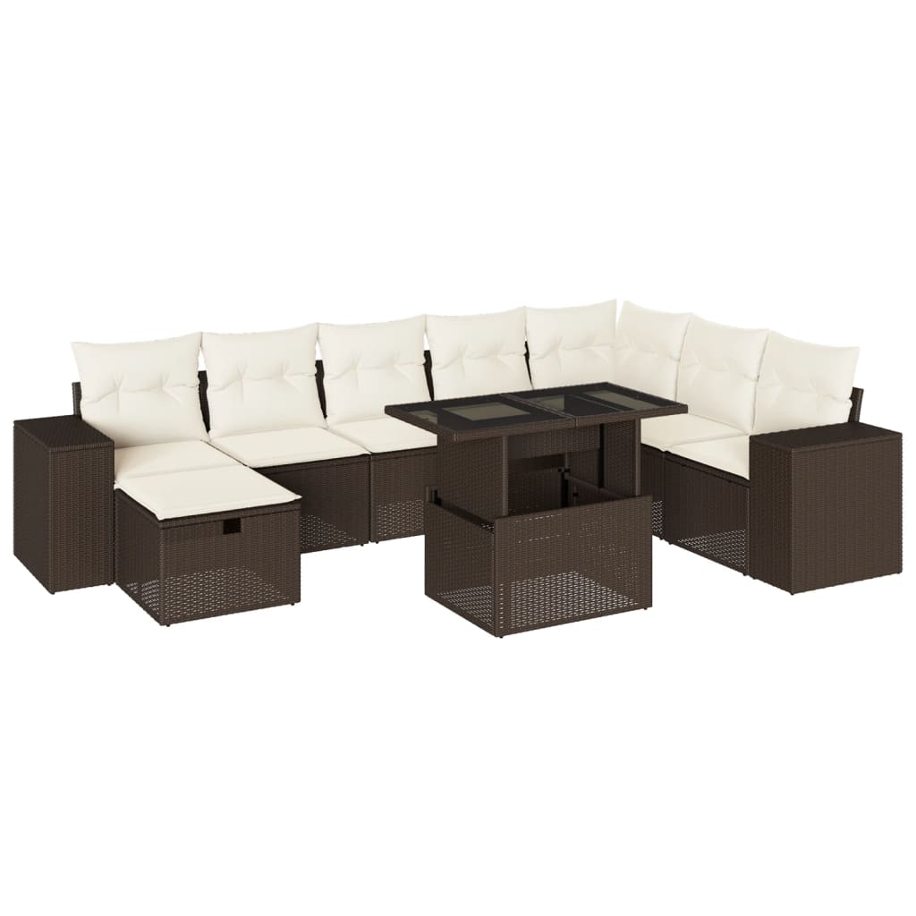 9-tlg. Garten-Sofagarnitur mit Kissen Braun Poly Rattan