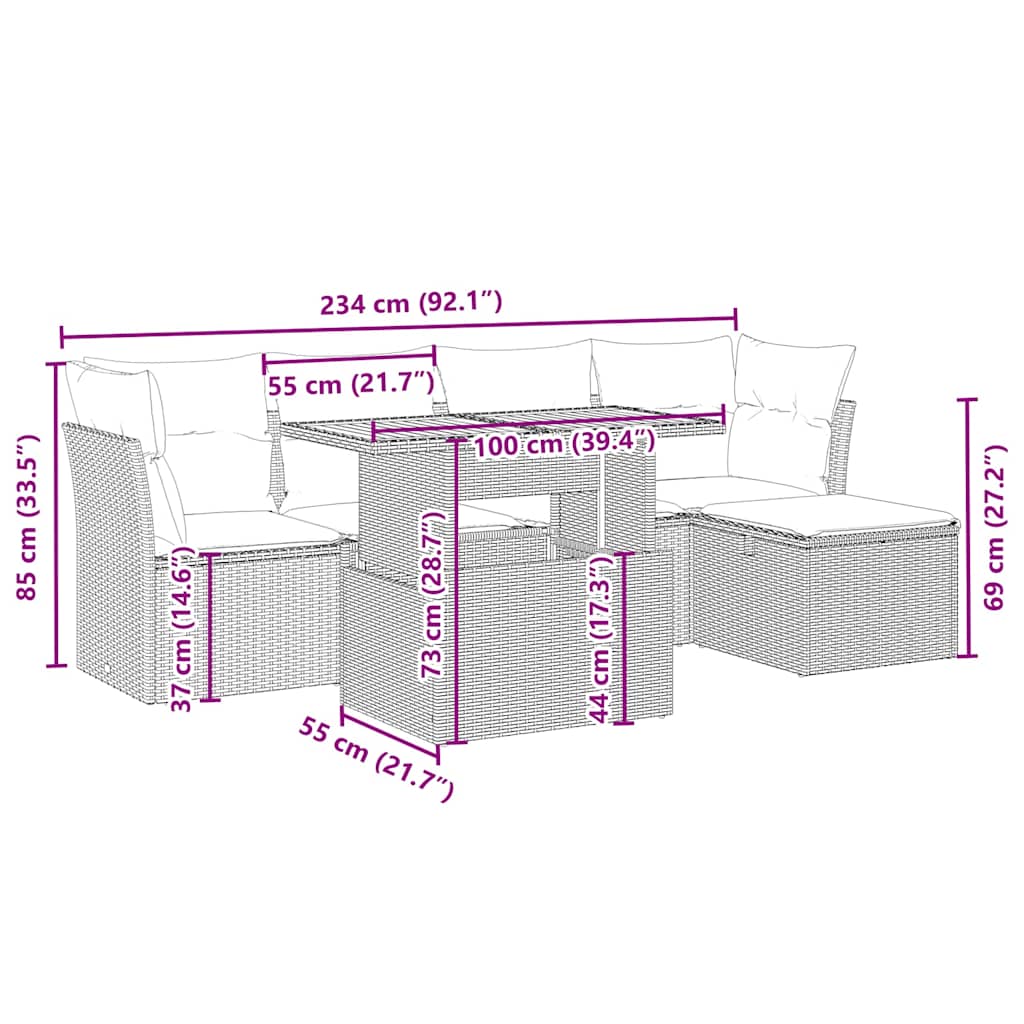 6-tlg. Garten-Sofagarnitur mit Kissen Beige Poly Rattan