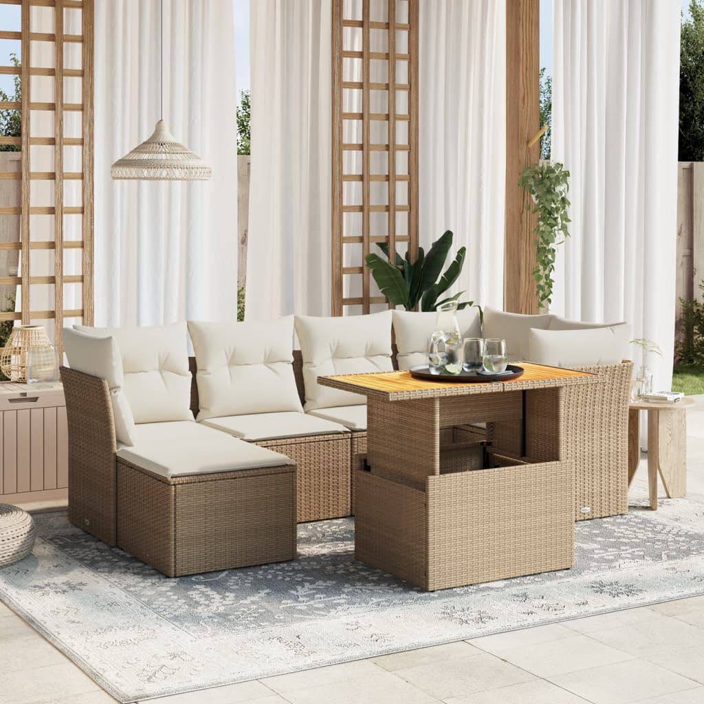 7-tlg. Garten-Sofagarnitur mit Kissen Beige Poly Rattan