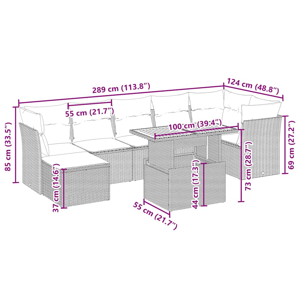 8-tlg. Garten-Sofagarnitur mit Kissen Beige Poly Rattan