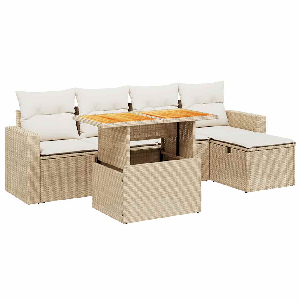 6-tlg. Garten-Sofagarnitur mit Kissen Beige Poly Rattan