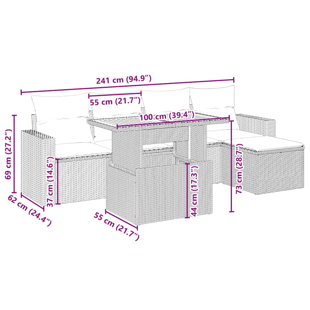 6-tlg. Garten-Sofagarnitur mit Kissen Beige Poly Rattan