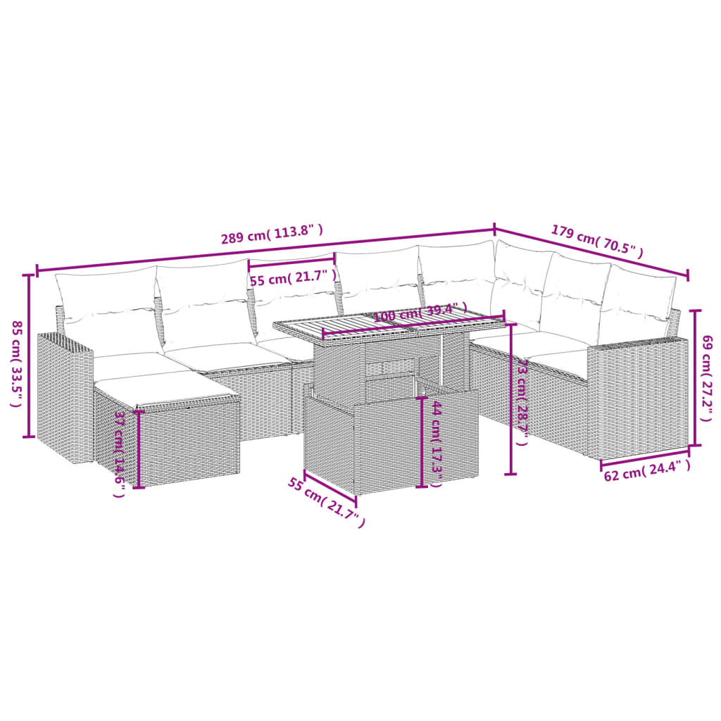 9-tlg. Garten-Sofagarnitur mit Kissen Grau Poly Rattan