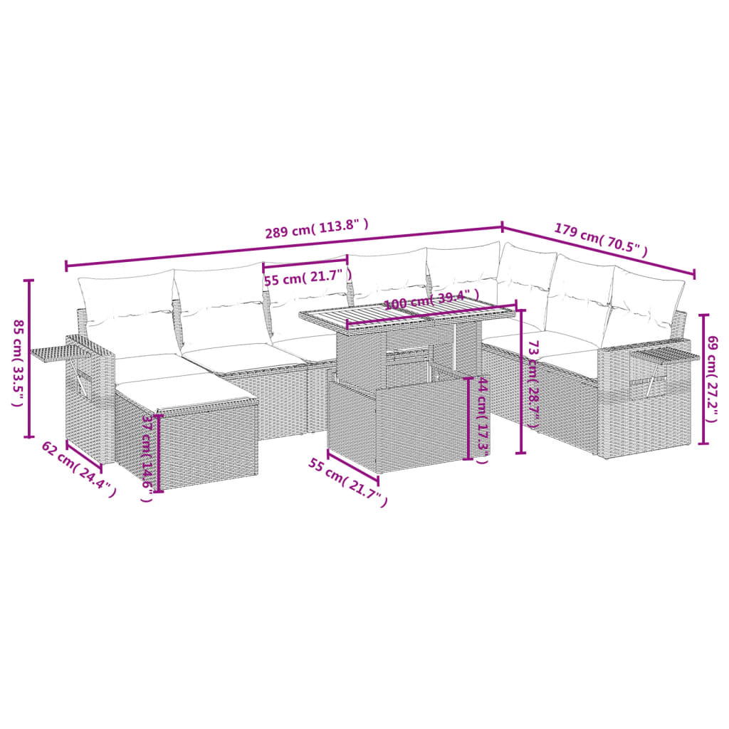 9-tlg. Garten-Sofagarnitur mit Kissen Grau Poly Rattan