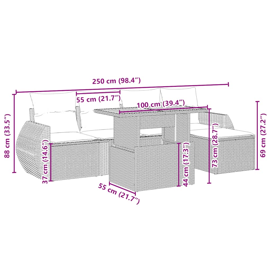 6-tlg. Garten-Sofagarnitur mit Kissen Beige Poly Rattan