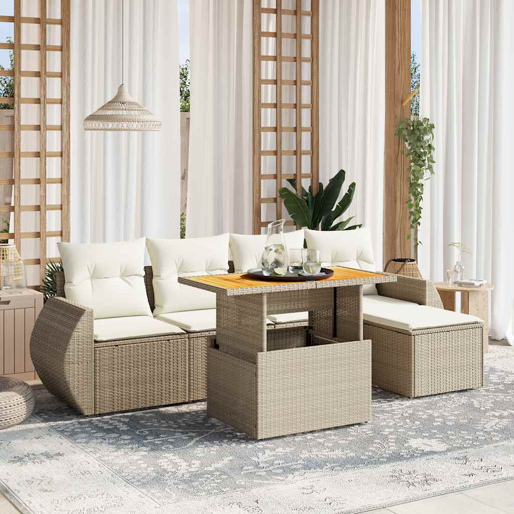 6-tlg. Garten-Sofagarnitur mit Kissen Beige Poly Rattan