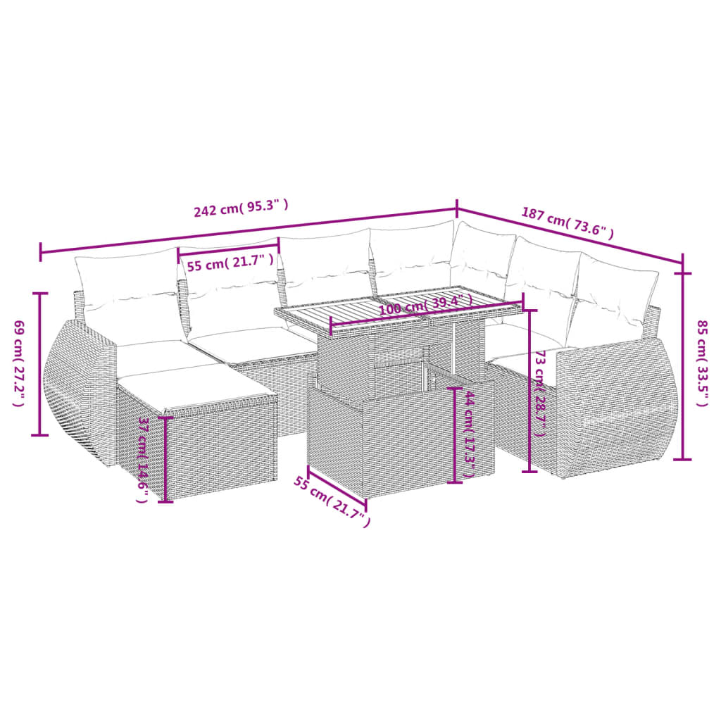 8-tlg. Garten-Sofagarnitur mit Kissen Grau Poly Rattan