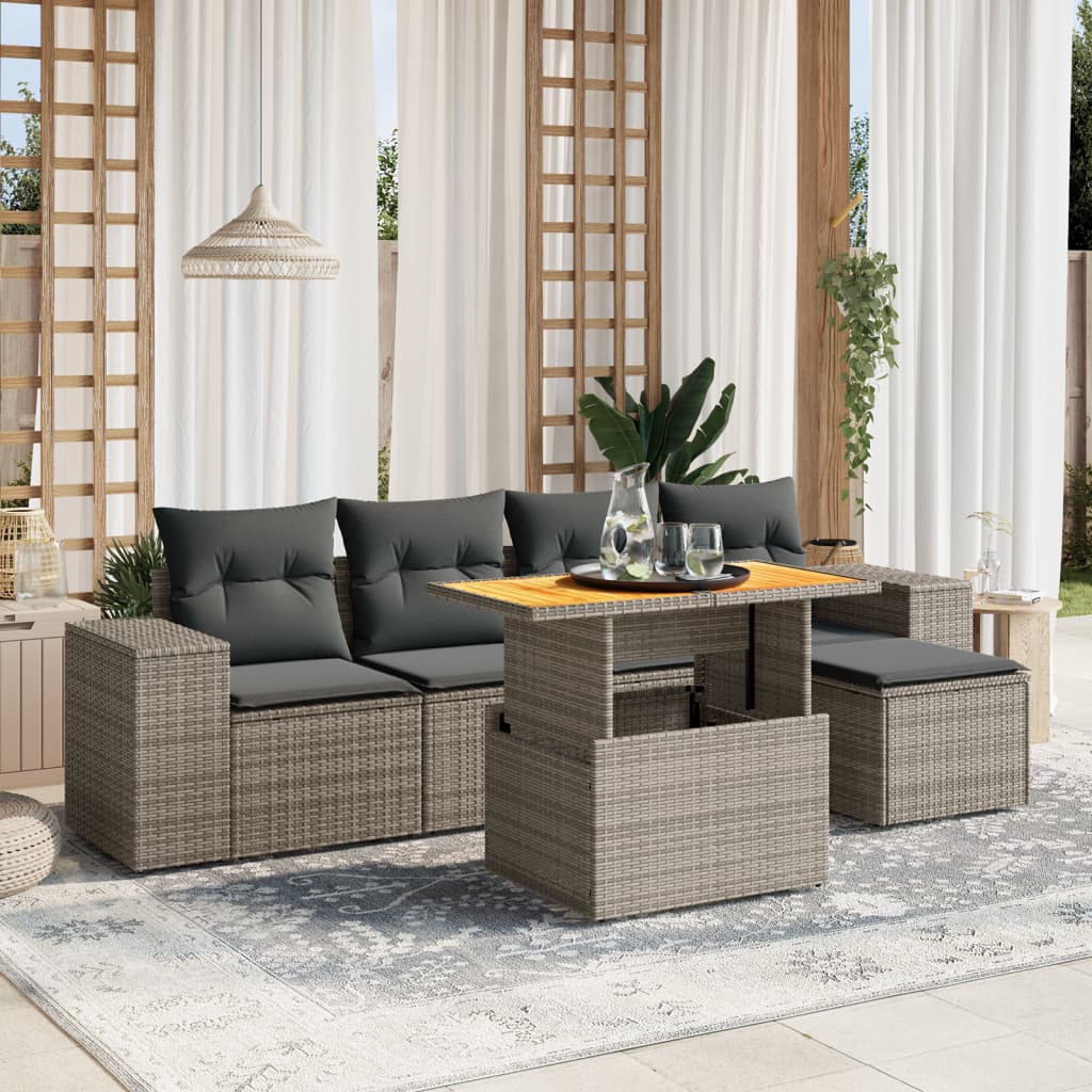 6-tlg. Garten-Sofagarnitur mit Kissen Grau Poly Rattan