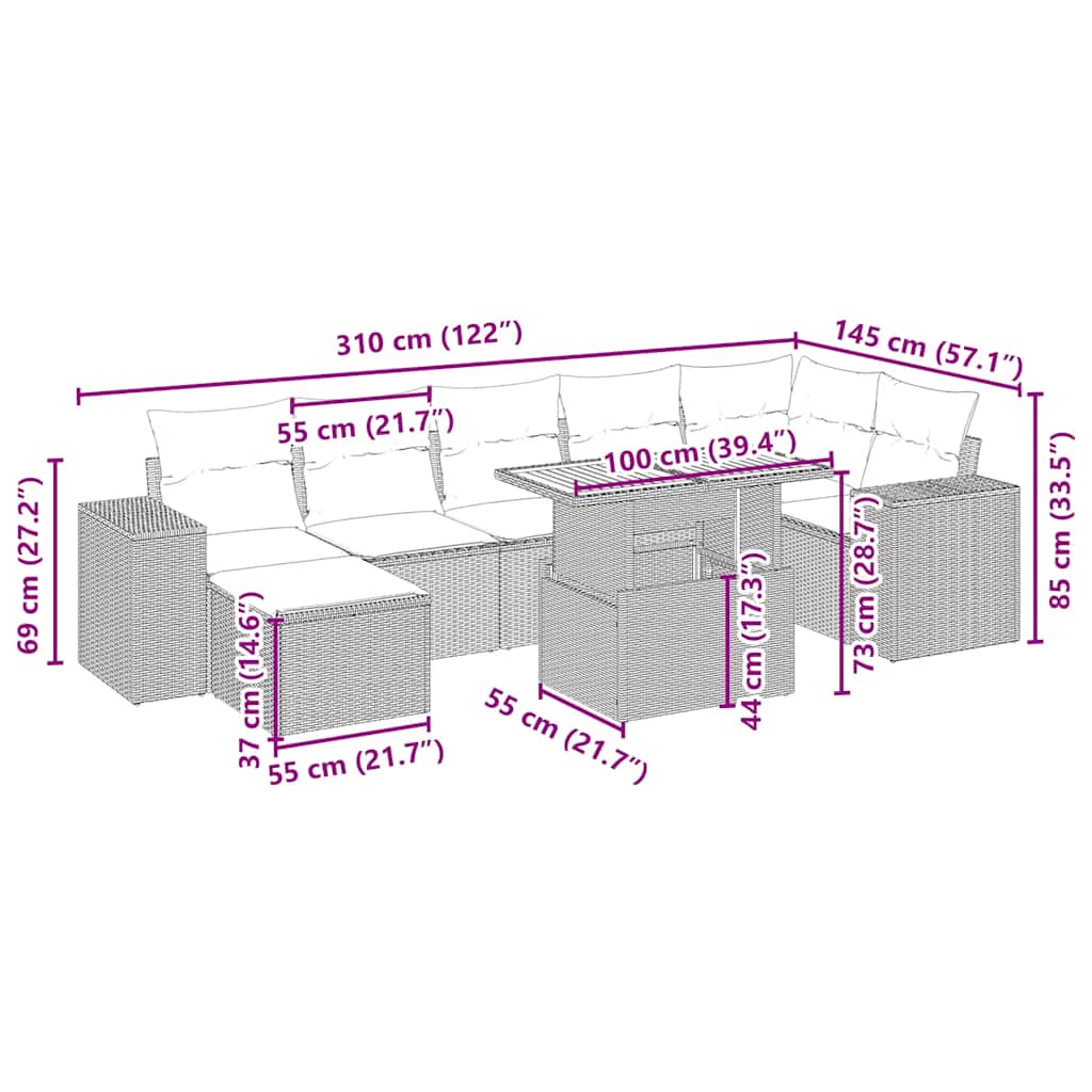 8-tlg. Garten-Sofagarnitur mit Kissen Beige Poly Rattan