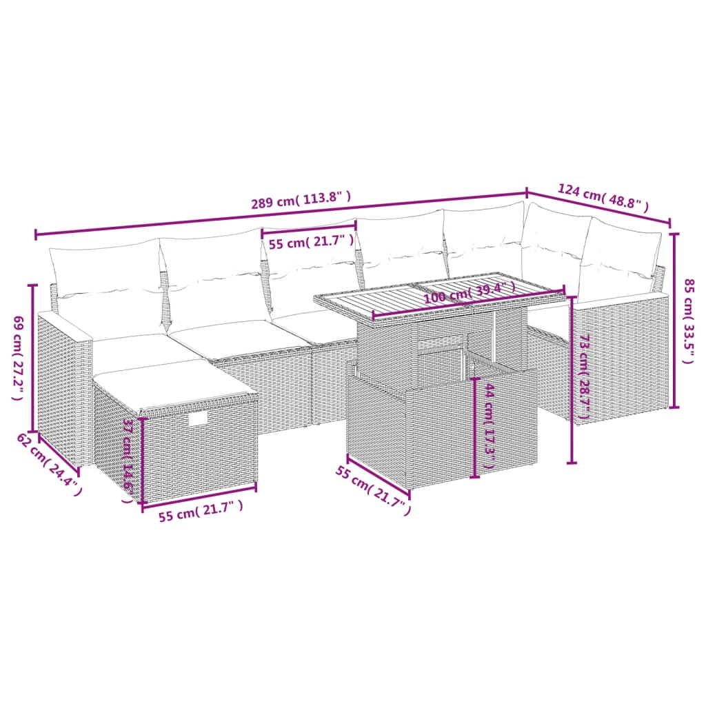 8-tlg. Garten-Sofagarnitur mit Kissen Grau Poly Rattan