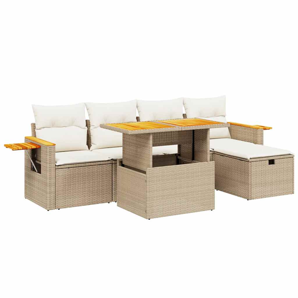 6-tlg. Garten-Sofagarnitur mit Kissen Beige Poly Rattan