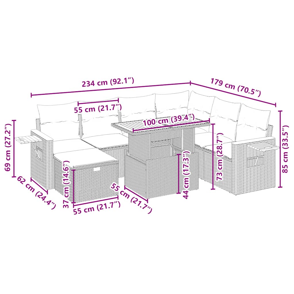 8-tlg. Garten-Sofagarnitur mit Kissen Beige Poly Rattan