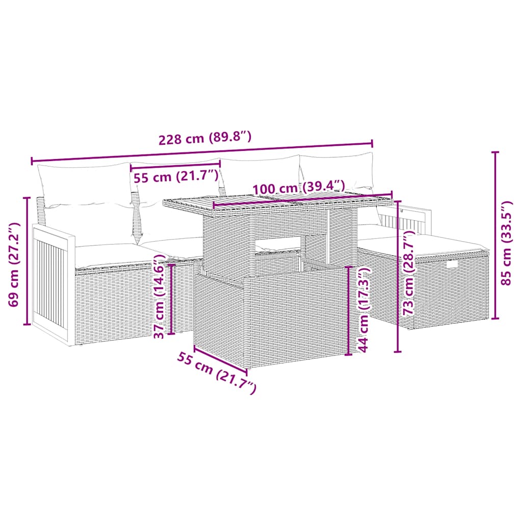 6-tlg. Garten-Sofagarnitur mit Kissen Beige Poly Rattan