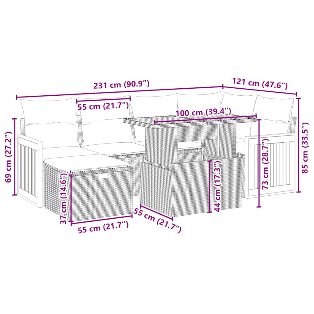 7-tlg. Garten-Sofagarnitur mit Kissen Beige Poly Rattan
