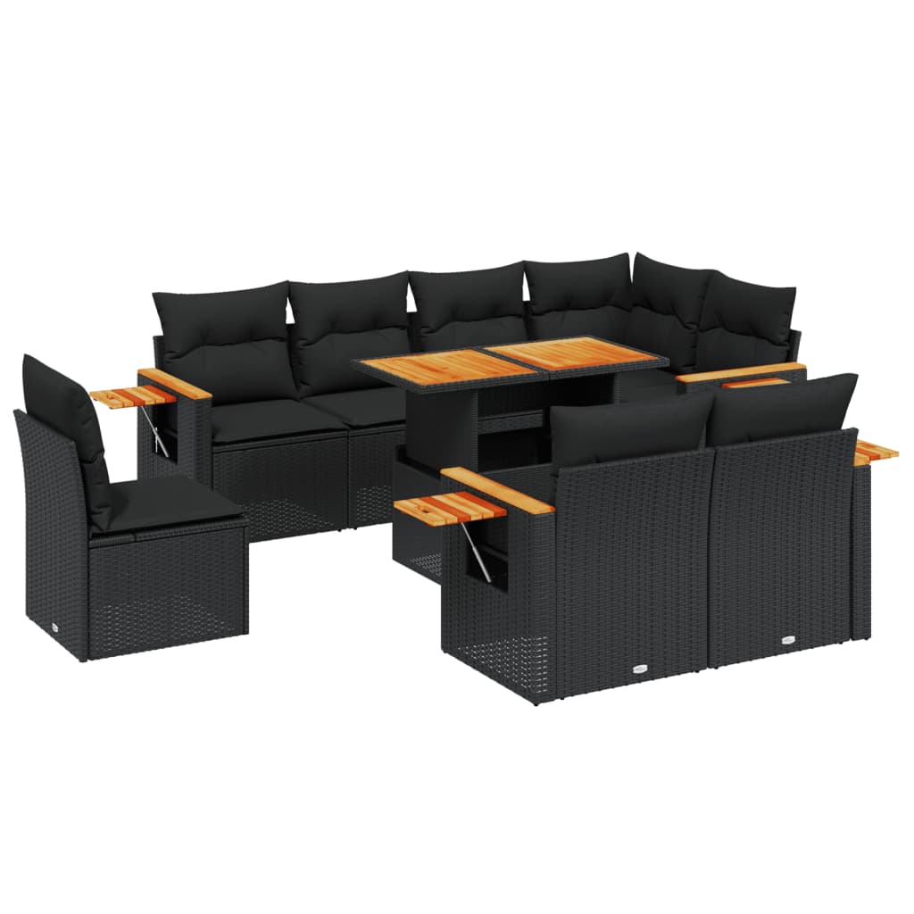 9-piece garden sofa set with cushions, black poly rattan