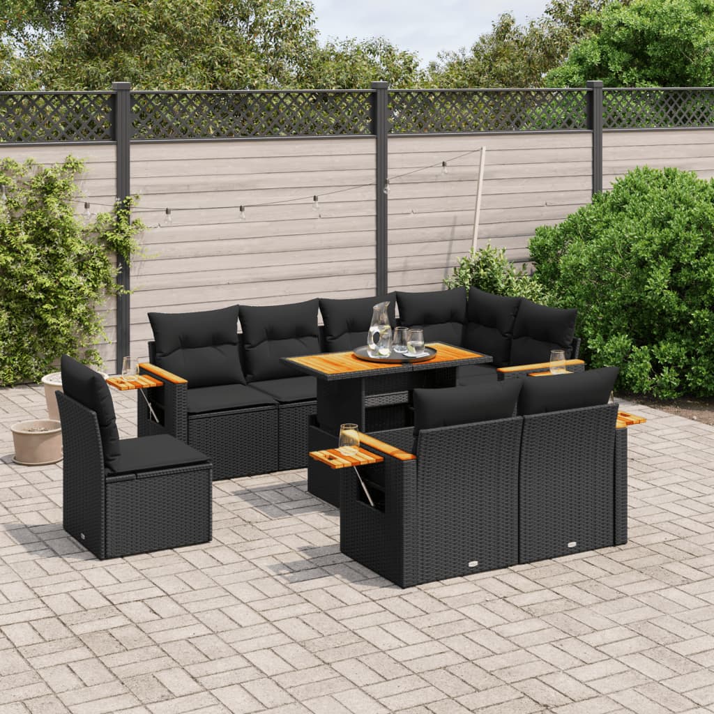 9-piece garden sofa set with cushions, black poly rattan