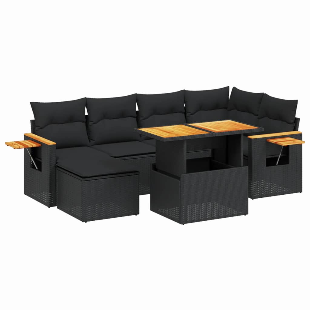 7-piece garden sofa set with cushions, black poly rattan