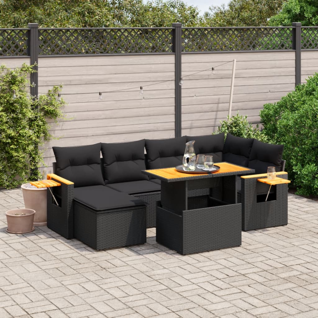 7-piece garden sofa set with cushions, black poly rattan